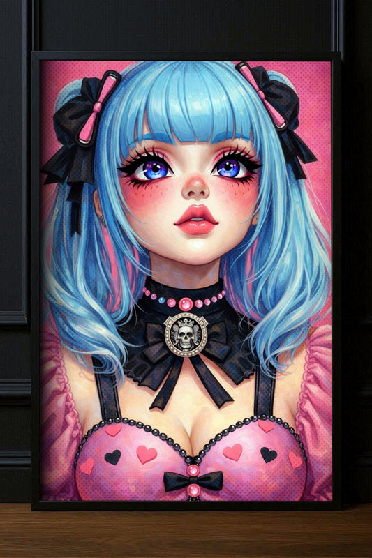 Anime Wandbild Gothic Girl Illustration in Pink mit hellblauen Haaren, schwarzen Schleifen und Totenkopf-Choker – Detailreiche Girl Gamer Deko.
