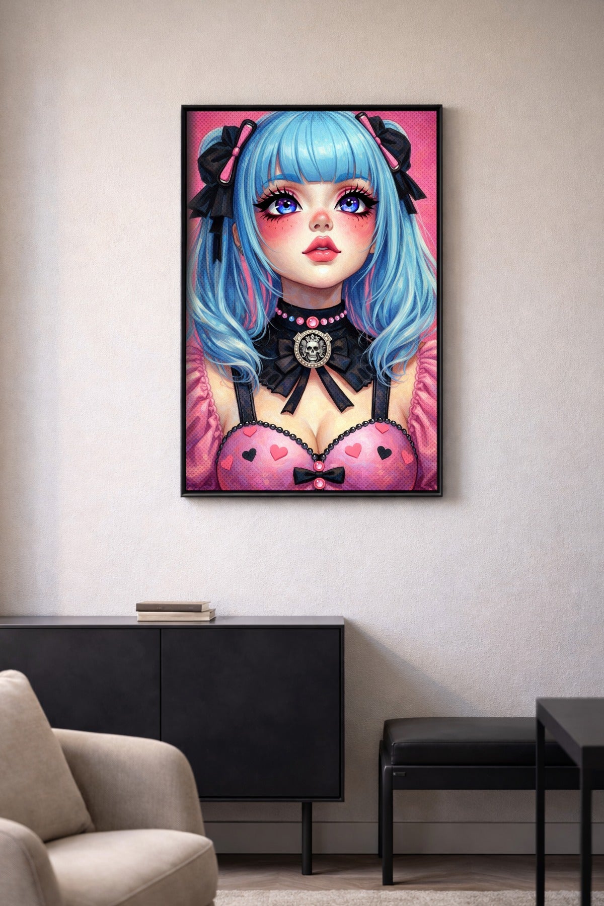Digitales Anime Girl Wandbild im Kawaii-Gothic-Stil mit blauem Haar, großen Augen, schwarzen Schleifen und rosa Outfit vor pinkem Hintergrund.