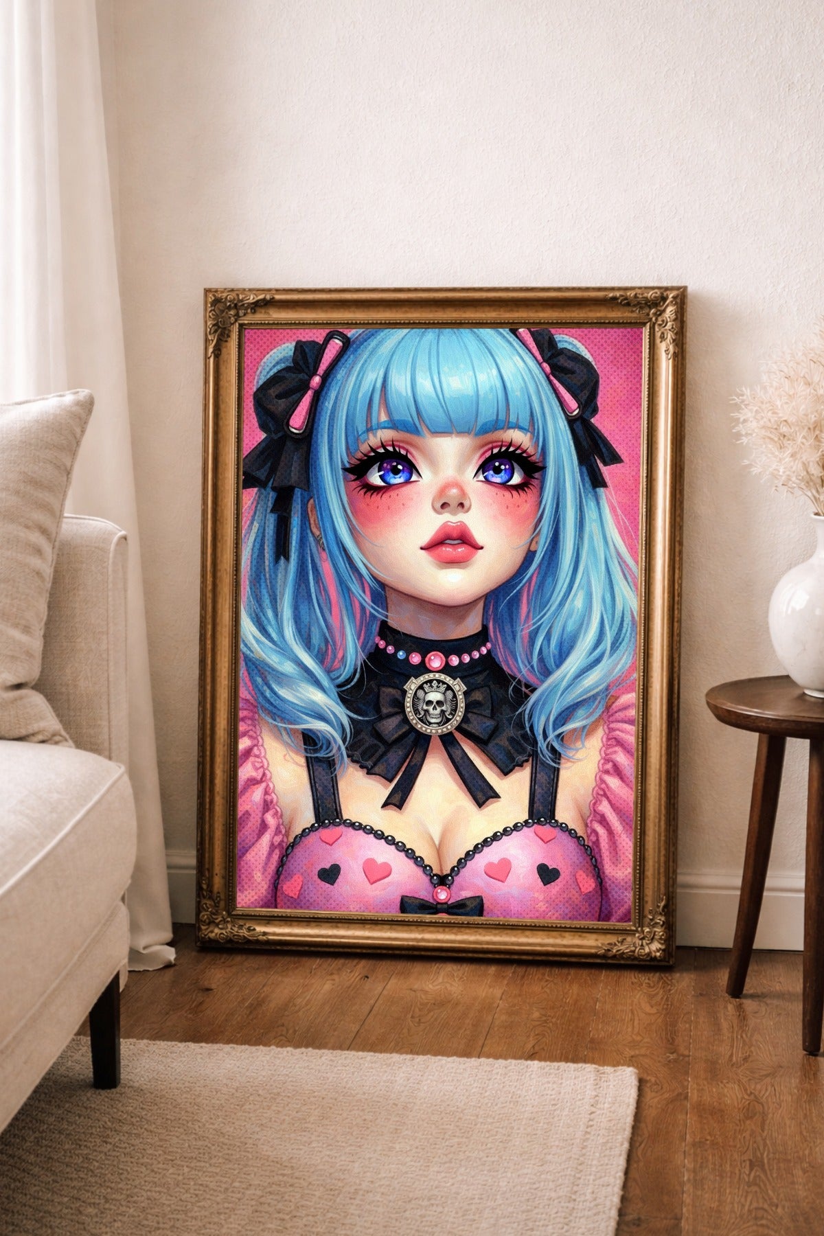 Digitales Anime Girl Wandbild im Kawaii-Gothic-Stil mit blauem Haar, großen Augen, schwarzen Schleifen und rosa Outfit vor pinkem Hintergrund.