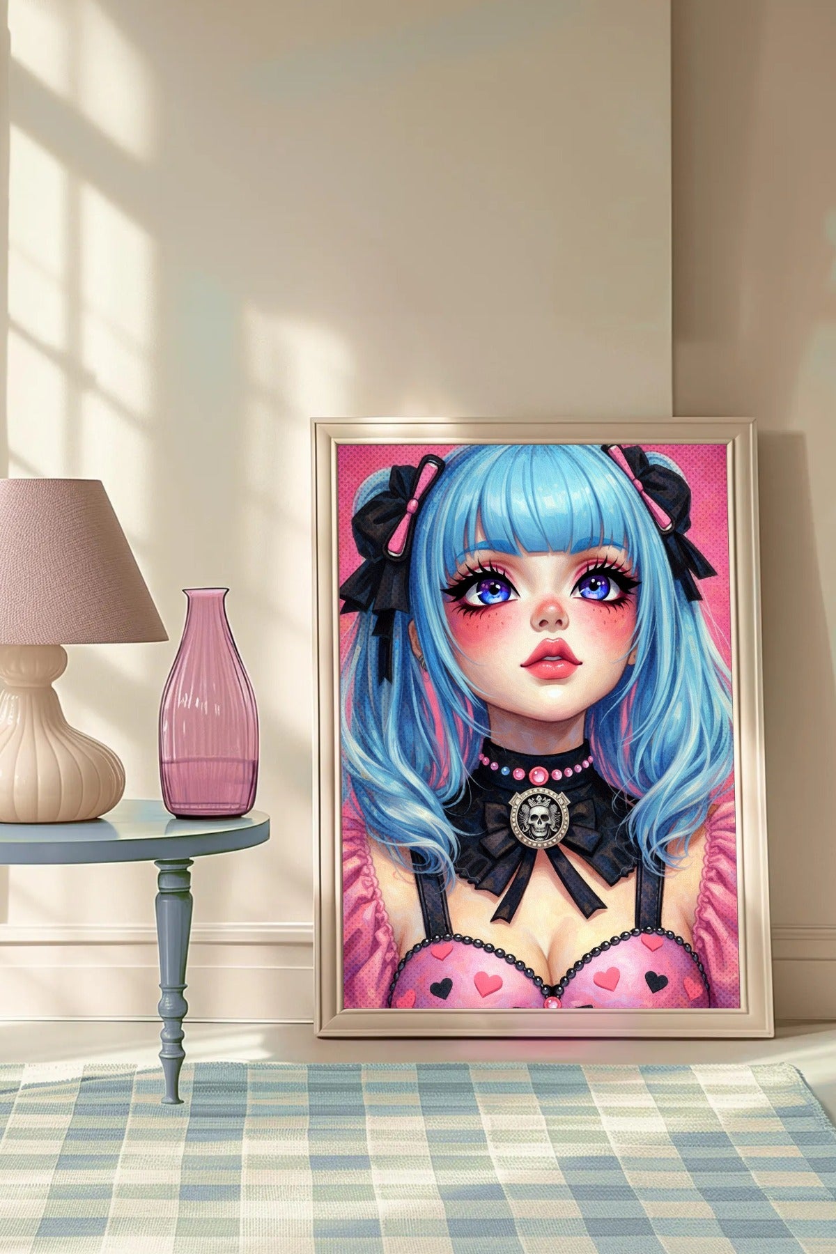 Digitales Anime Girl Wandbild im Kawaii-Gothic-Stil mit blauem Haar, großen Augen, schwarzen Schleifen und rosa Outfit vor pinkem Hintergrund.