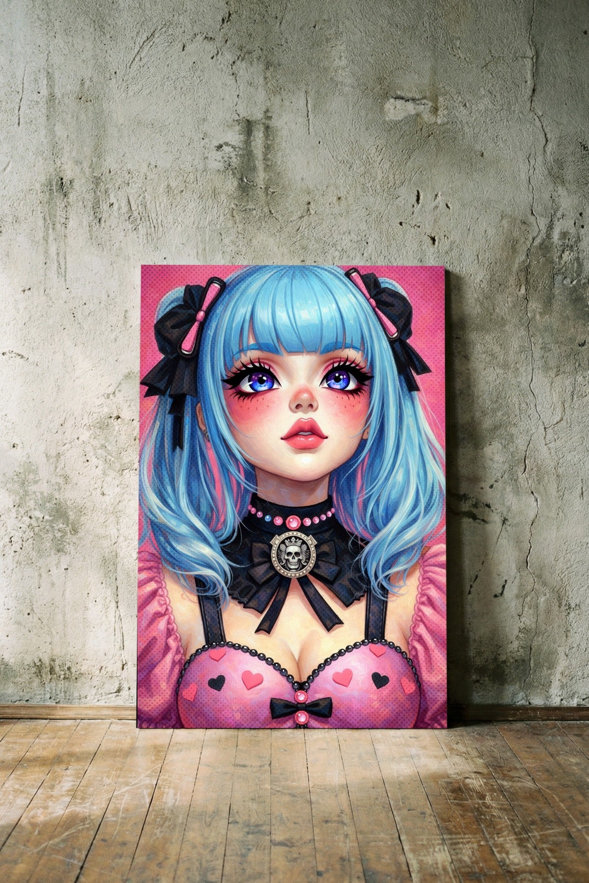 Digitales Anime Girl Wandbild im Kawaii-Gothic-Stil mit blauem Haar, großen Augen, schwarzen Schleifen und rosa Outfit vor pinkem Hintergrund.