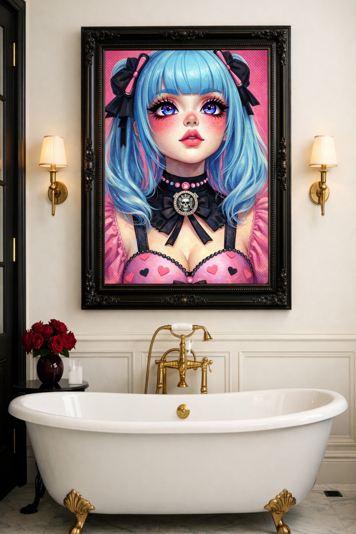 Digitales Anime Girl Wandbild im Kawaii-Gothic-Stil mit blauem Haar, großen Augen, schwarzen Schleifen und rosa Outfit vor pinkem Hintergrund.