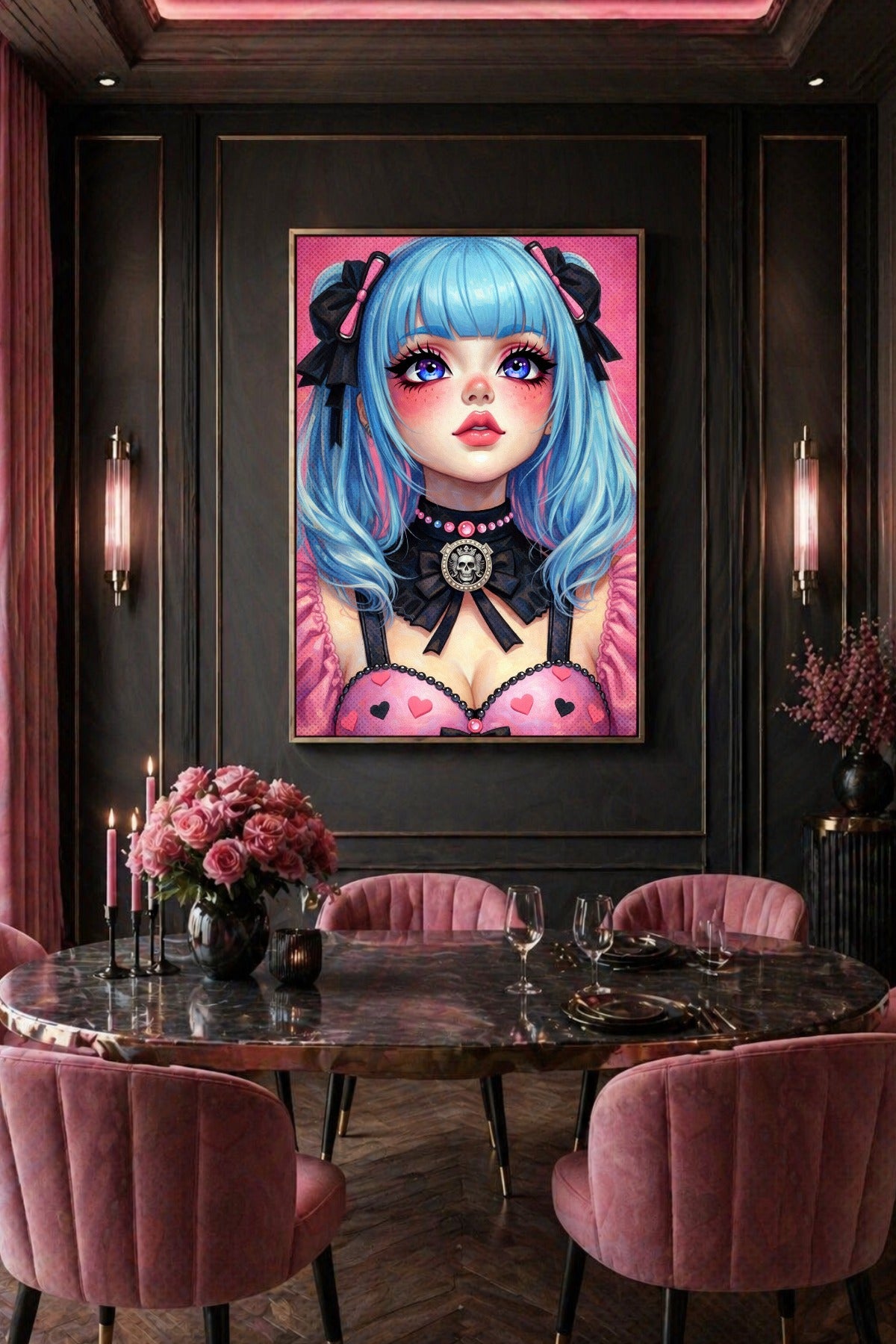 Anime Wanddeko mit Gothic Girl in rosa-schwarzem Look, hellblauen Haaren, schwarzen Schleifen und Totenkopf-Halsband im detailreichen Stil. Esszimmerdeko.
