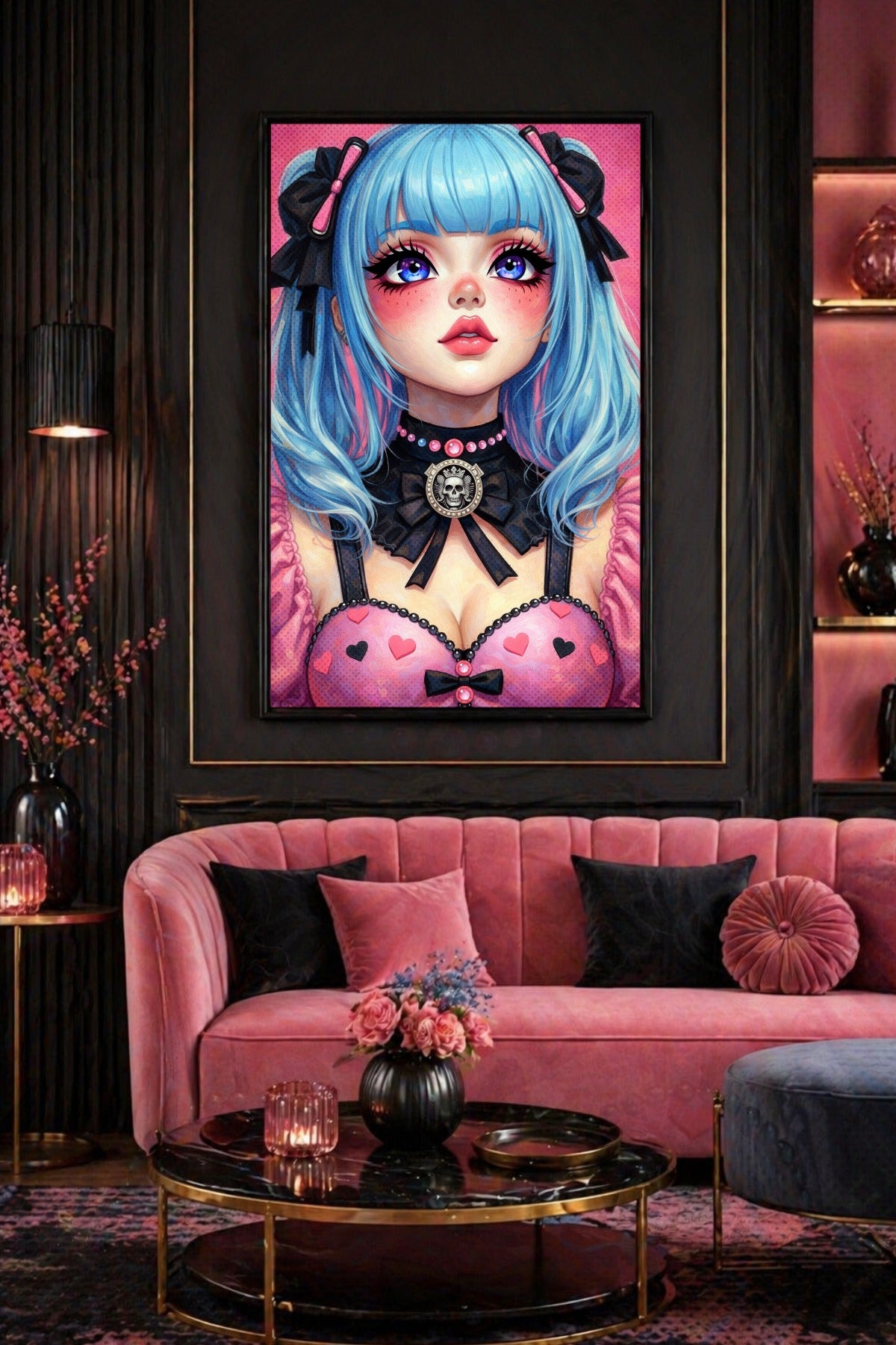 Pinkes Anime Poster mit Gothic Girl Illustration, hellblauem Haar, schwarzen Schleifen und Schädel-Choker als auffällige Girl Gamer Deko. Wohnzimmerdeko.