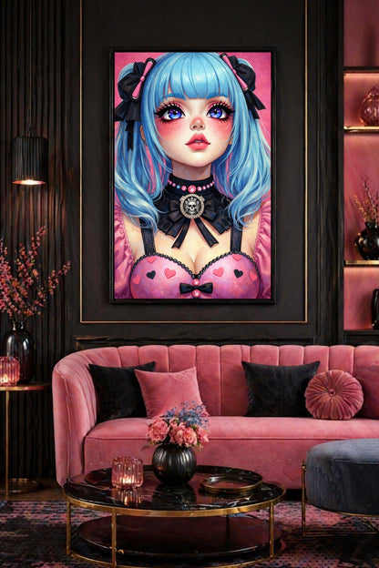 Pinkes Anime Poster mit Gothic Girl Illustration, hellblauem Haar, schwarzen Schleifen und Schädel-Choker als auffällige Girl Gamer Deko. Wohnzimmerdeko.