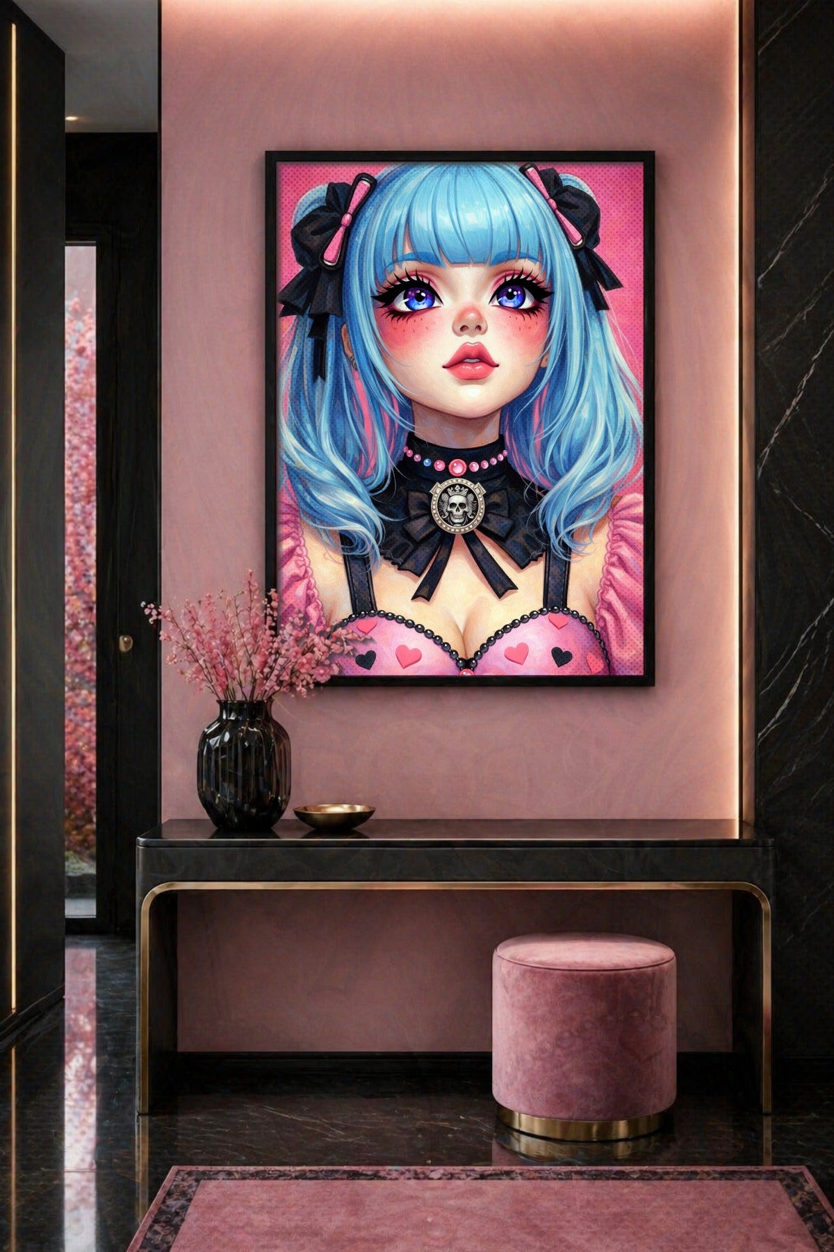 Anime Illustration im Gothic-Kawaii-Stil mit Girl Gamer Motiv, hellblauen Haaren, schwarzen Schleifen und Totenkopf-Choker in Pink. Flurdeko.