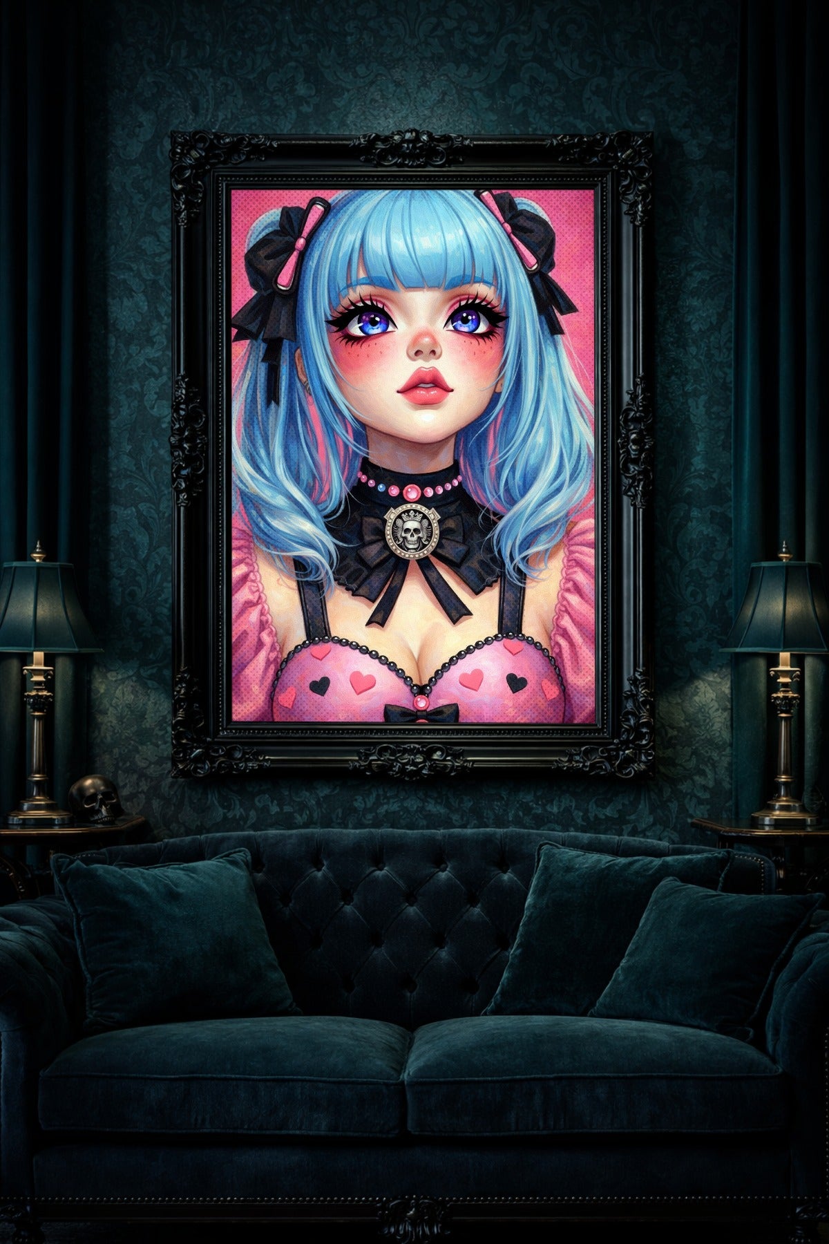 Digitales Anime Girl Wandbild im Kawaii-Gothic-Stil mit blauem Haar, großen Augen, schwarzen Schleifen und rosa Outfit vor pinkem Hintergrund.