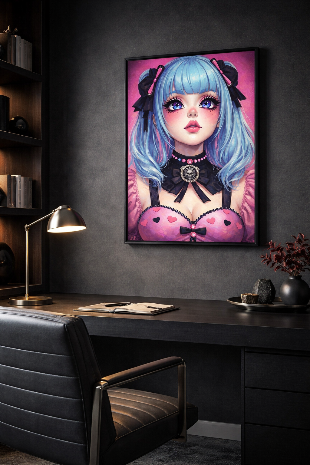 Digitales Anime Girl Wandbild im Kawaii-Gothic-Stil mit blauem Haar, großen Augen, schwarzen Schleifen und rosa Outfit vor pinkem Hintergrund.