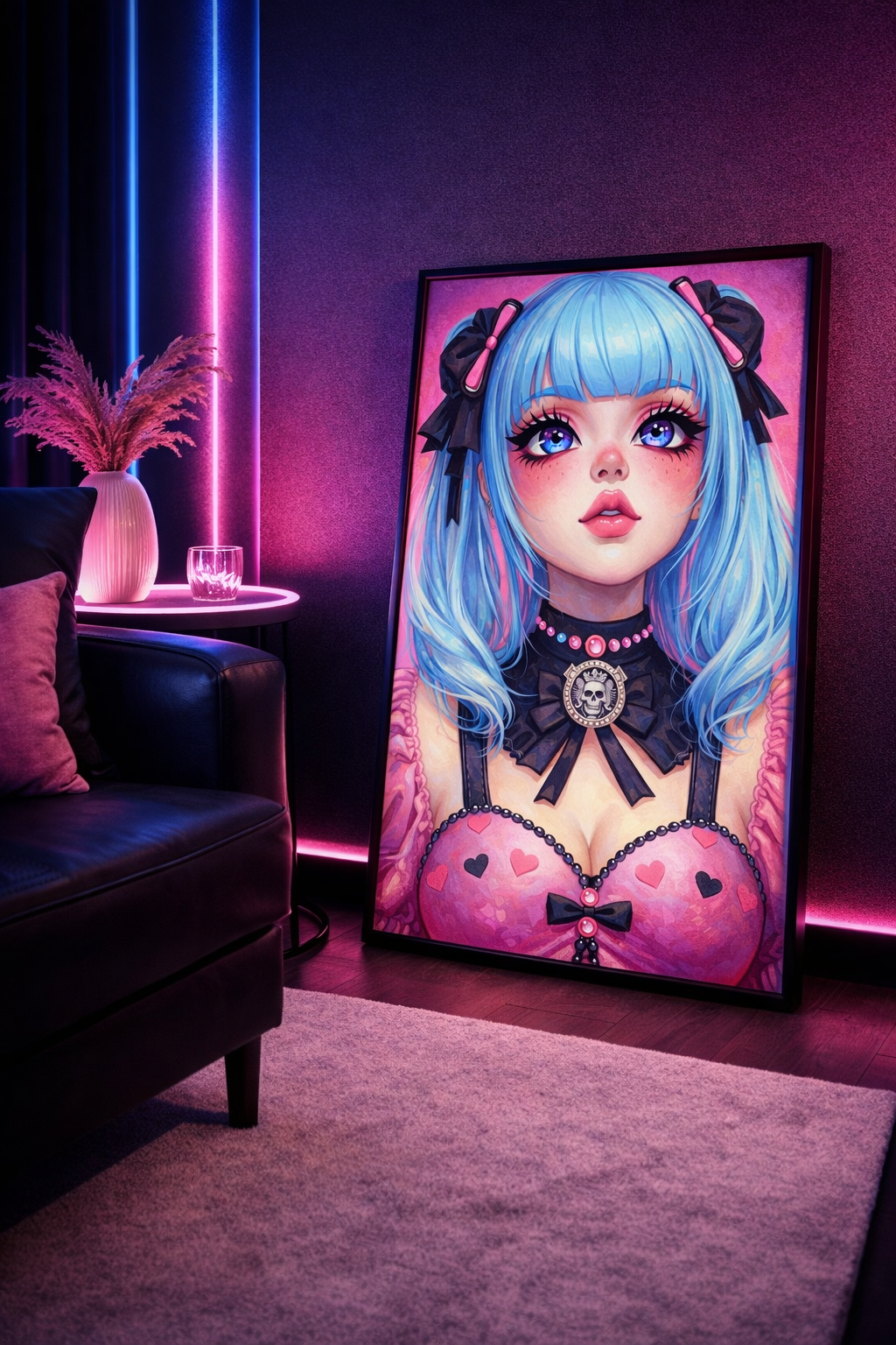 Digitales Anime Girl Wandbild im Kawaii-Gothic-Stil mit blauem Haar, großen Augen, schwarzen Schleifen und rosa Outfit vor pinkem Hintergrund.