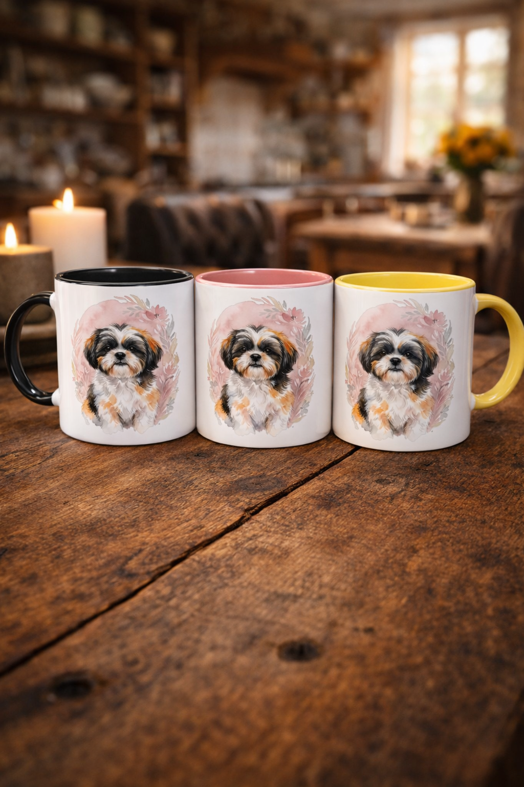 Weiße Keramiktasse mit schwarzem Henkel und schwarzer Innenseite, bedruckt mit einer aquarellartigen Illustration eines Shih Tzu Hundes vor einem zarten, rosa-blumigen Hintergrund.