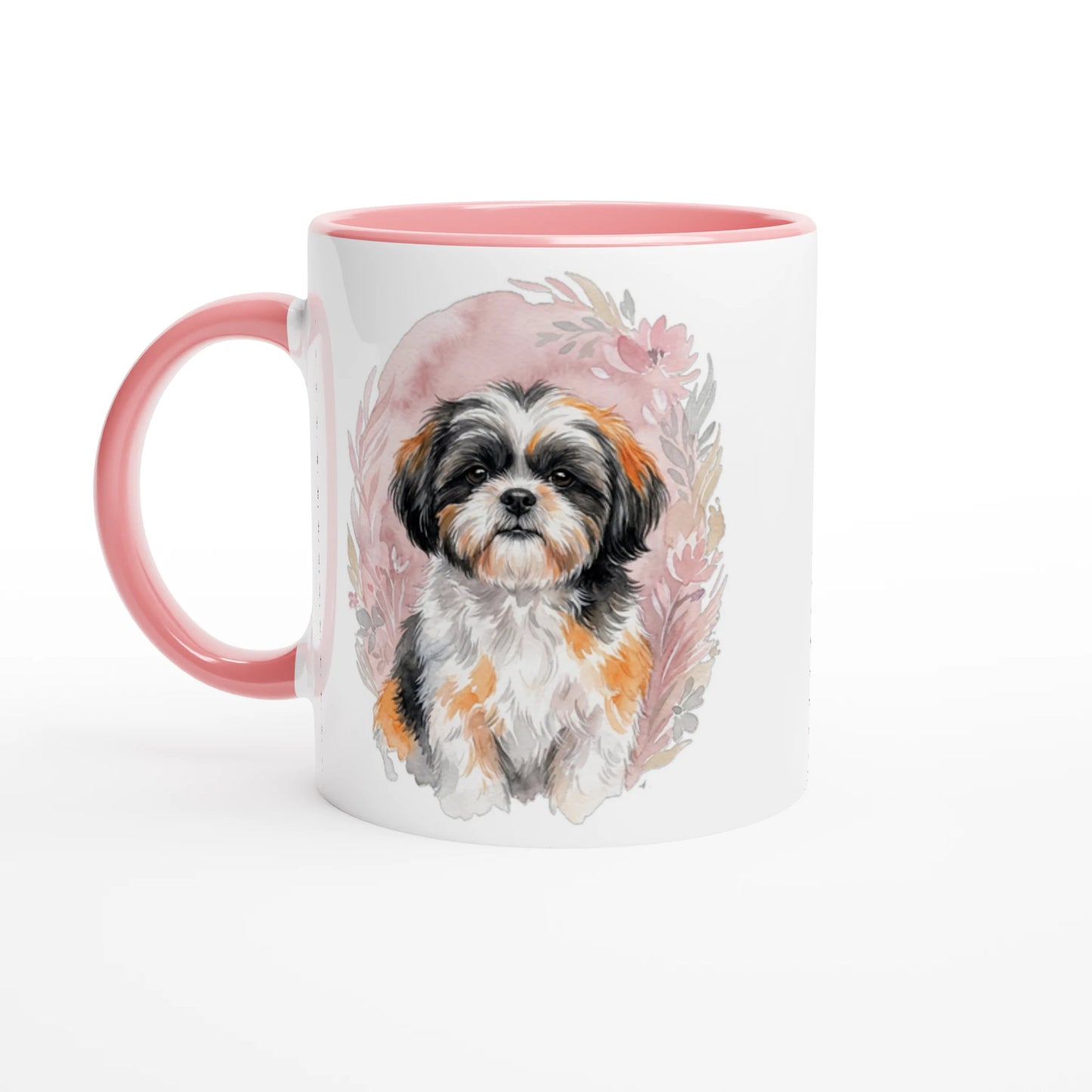 Weiße Keramiktasse mit schwarzem Henkel und schwarzer Innenseite, bedruckt mit einer aquarellartigen Illustration eines Shih Tzu Hundes vor einem zarten, rosa-blumigen Hintergrund.