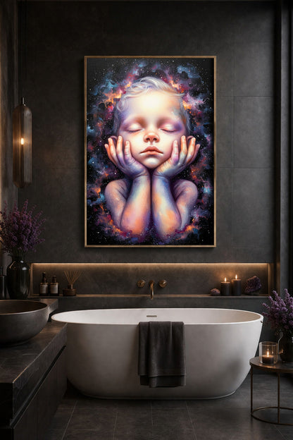 Fantastisches digitales Kunstbild eines träumenden Kindes, dessen Gesicht von leuchtenden galaktischen Nebeln in Orange, Blau und Lila umgeben ist.