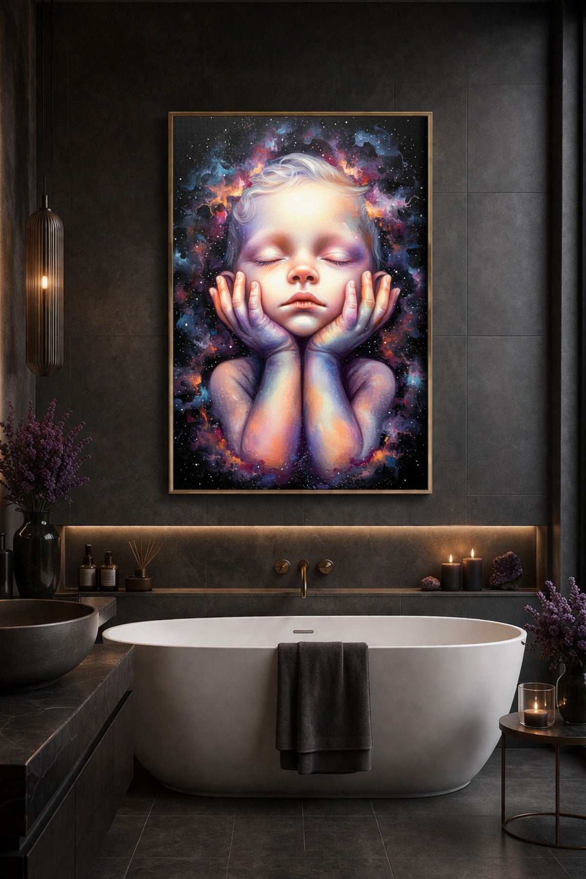 Kosmos Poster im Hochformat mit schlafendem Kindergesicht, geschlossenen Augen, sanften Händen und dunklem Sternenraum mit violett-blauen Lichtnebeln.