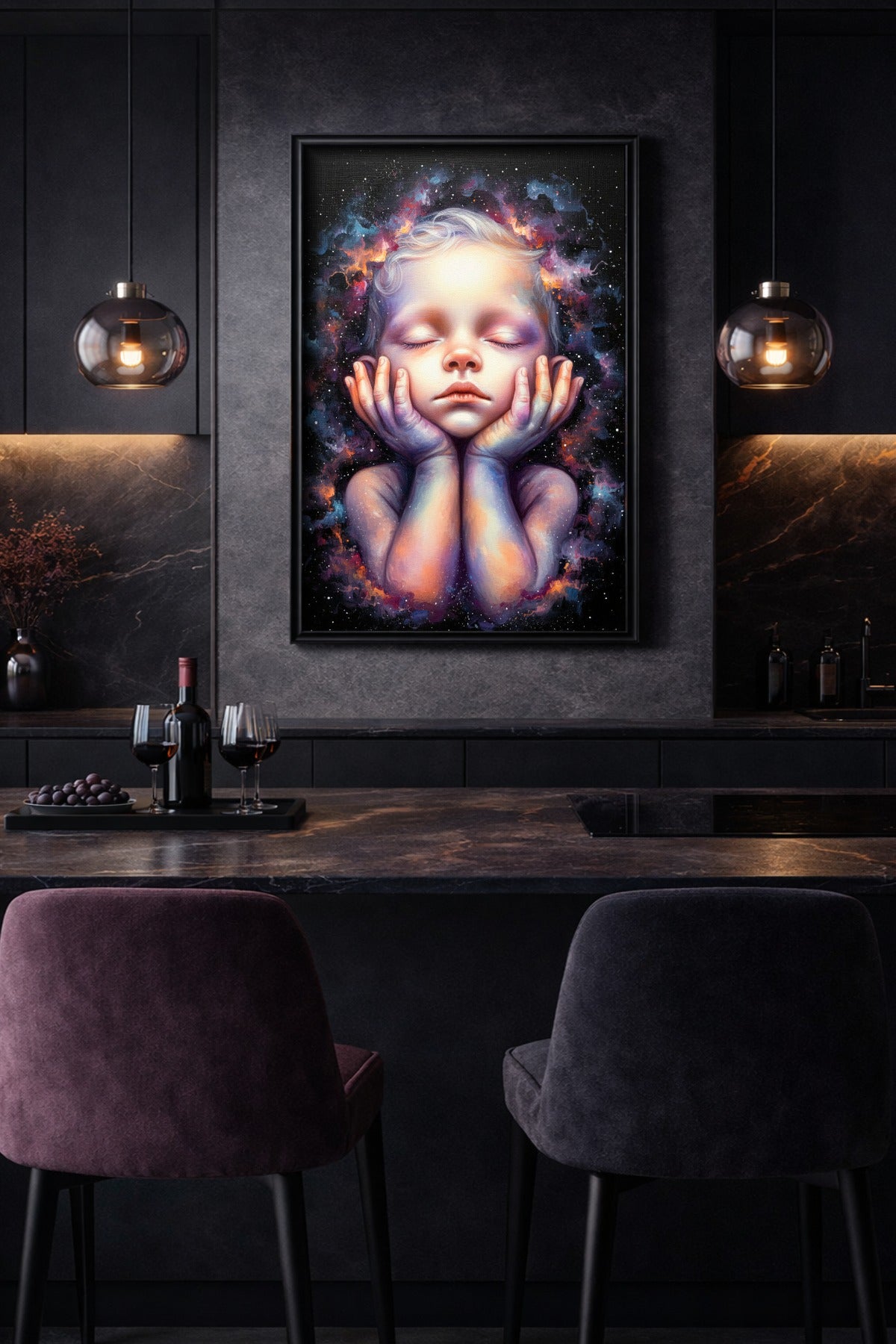 Modernes Kosmos Wandbild mit schlafendem Kinderportrait, sanfter Lichtwirkung, dunklem Sternenraum und traumhafter surrealer Atmosphäre.