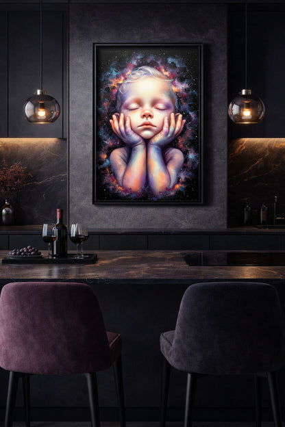 Modernes Kosmos Wandbild mit schlafendem Kinderportrait, sanfter Lichtwirkung, dunklem Sternenraum und traumhafter surrealer Atmosphäre.