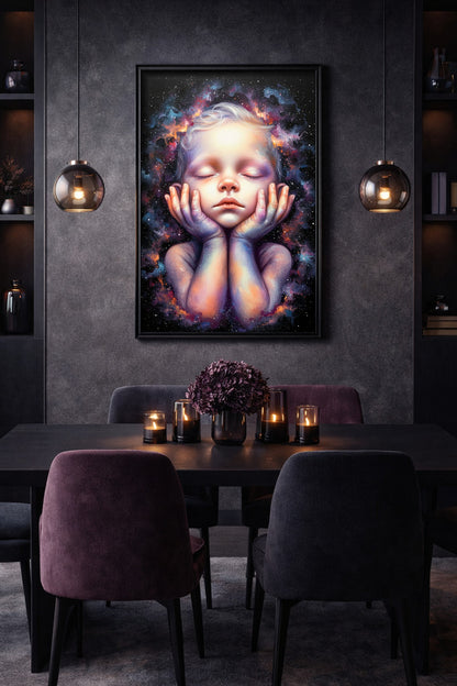 Spirituelle Wandkunst im Hochformat mit geschlossenem Kindergesicht, aufgelegten Händen, violettblauen Sternennebeln und ruhiger New-Age-Ästhetik.