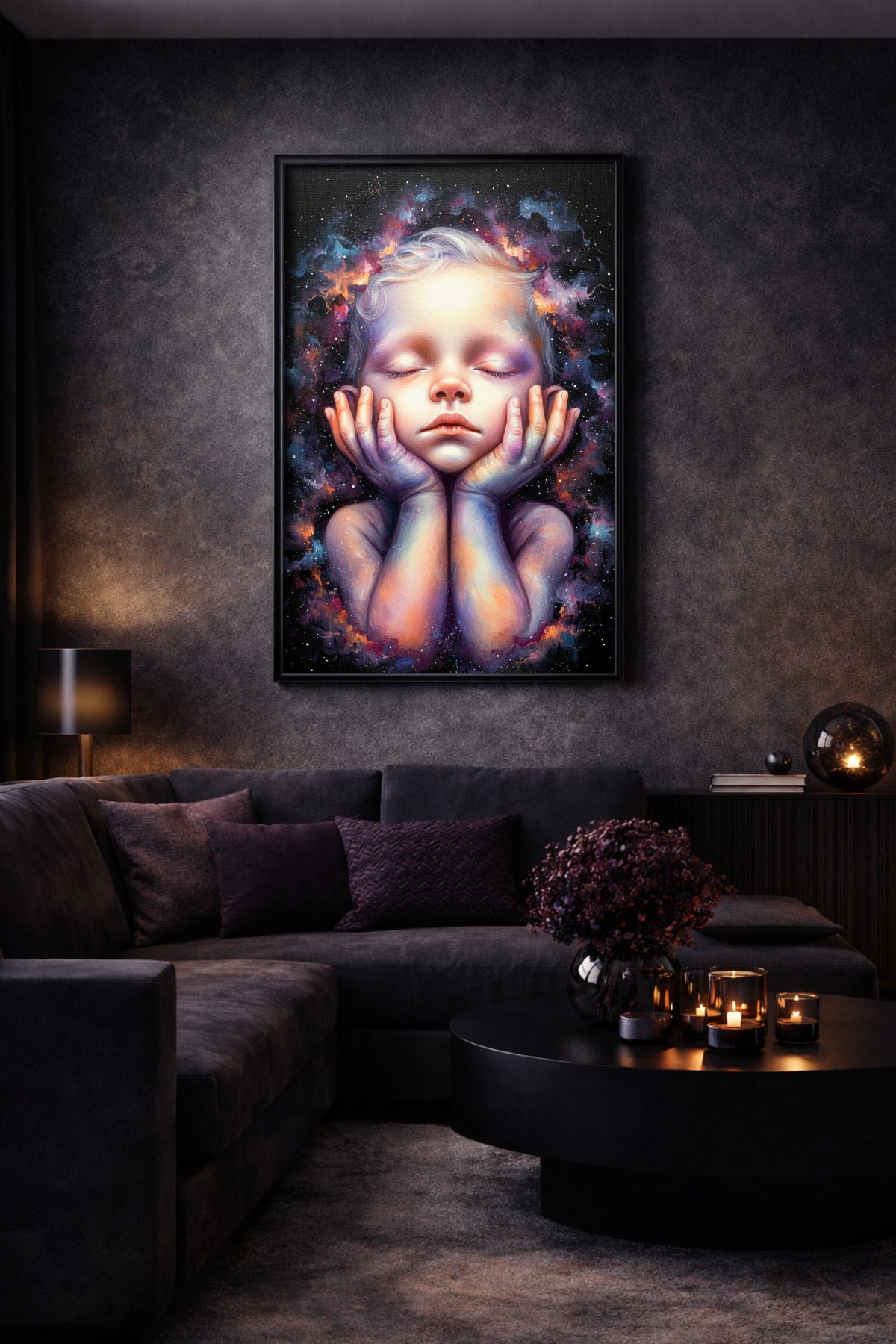 Surreales Schlafzimmer Poster mit schlafendem Kind, kosmischem Hintergrund, feinen Sternpunkten und sanften Lichtnebeln in Blau und Violett.