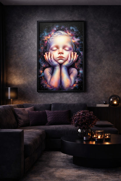 Surreales Schlafzimmer Poster mit schlafendem Kind, kosmischem Hintergrund, feinen Sternpunkten und sanften Lichtnebeln in Blau und Violett.