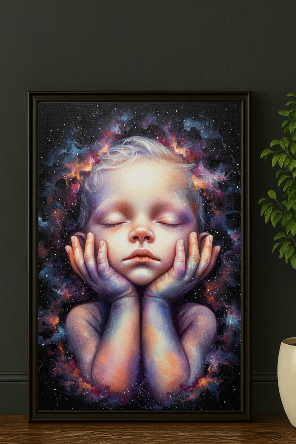 Surreales digitales Gemälde eines träumenden Kindes mit geschlossenen Augen, dessen Kopf von leuchtenden kosmischen Nebeln in Violett, Orange und Blau eingerahmt ist.