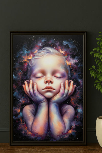 Surreales digitales Gemälde eines träumenden Kindes mit geschlossenen Augen, dessen Kopf von leuchtenden kosmischen Nebeln in Violett, Orange und Blau eingerahmt ist.
