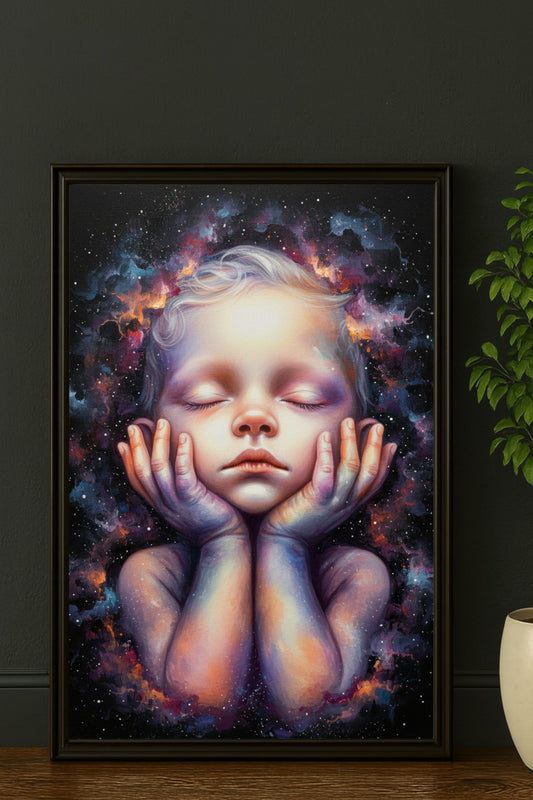 Surreales digitales Gemälde eines träumenden Kindes mit geschlossenen Augen, dessen Kopf von leuchtenden kosmischen Nebeln in Violett, Orange und Blau eingerahmt ist.