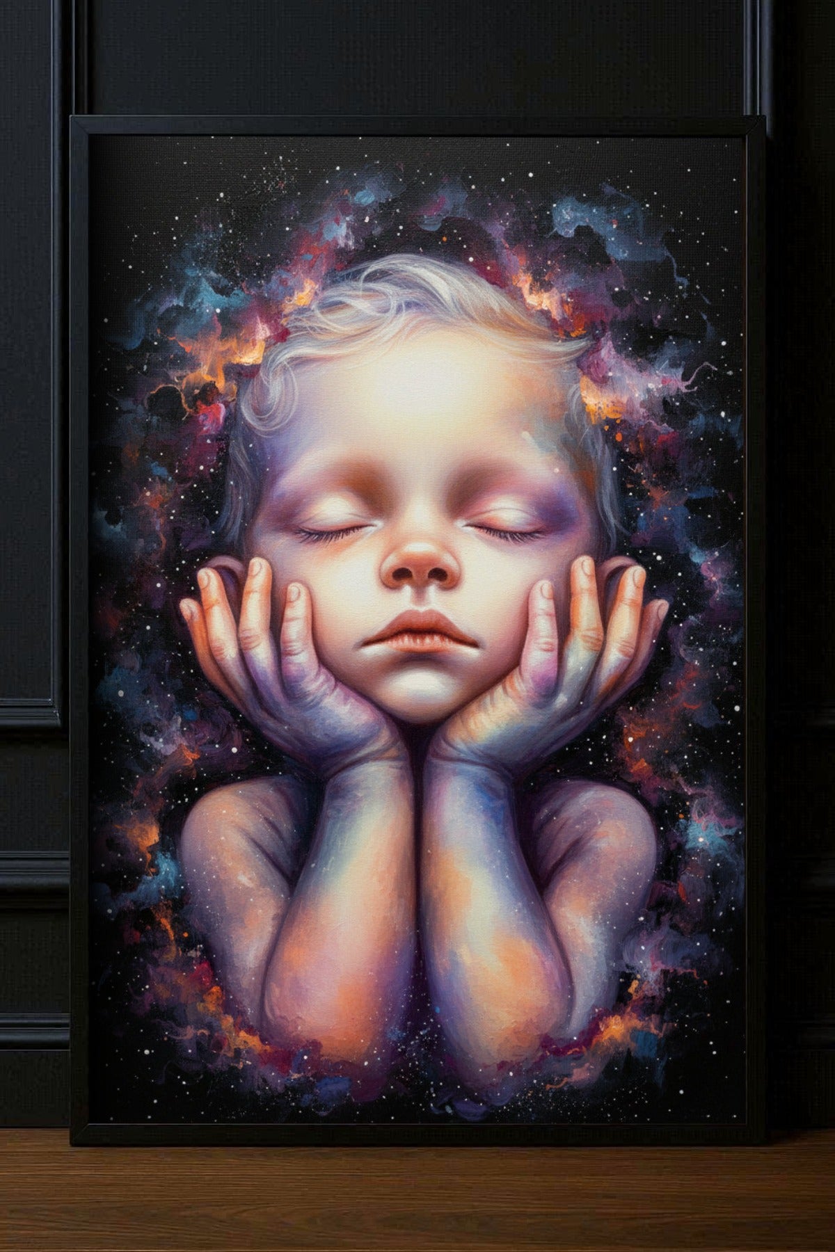 Surreales Kosmos Poster mit schlafendem Kindergesicht, Sternenraum und violettblauen Lichtnebeln im Hochformat.