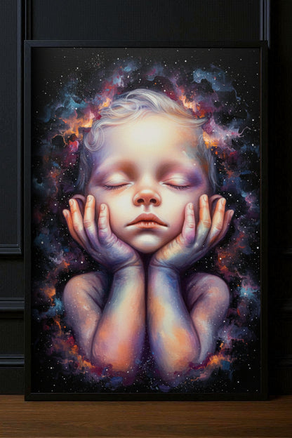 Surreales Kosmos Poster mit schlafendem Kindergesicht, Sternenraum und violettblauen Lichtnebeln im Hochformat.