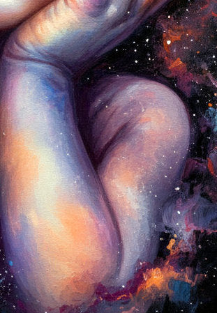Digitales Gemälde mit schlafendem Kind und strahlenden kosmischen Farbwolken in Violett, Blau und warmem Orange.
