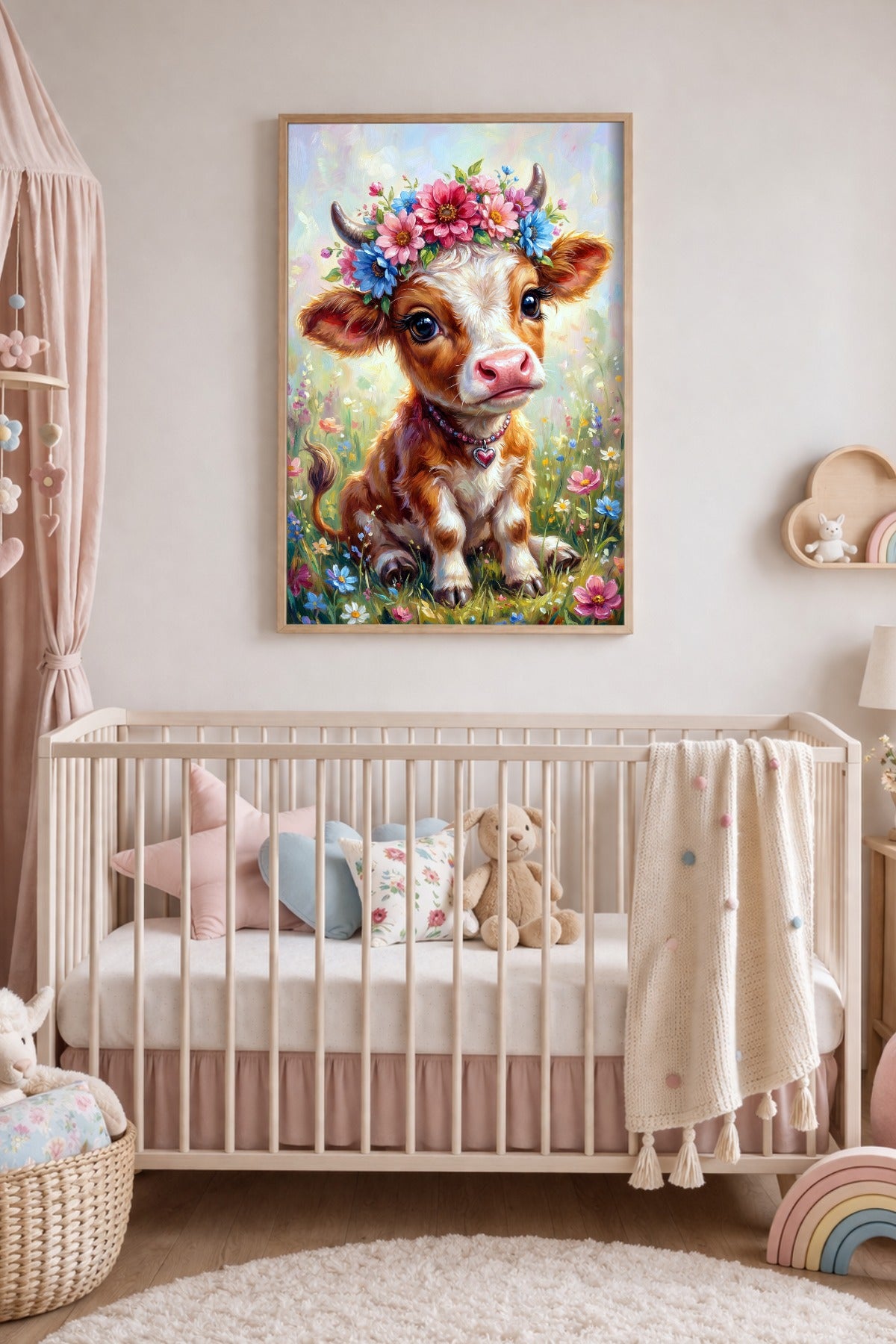 Digitales Poster mit kleinem Kalb auf einer Blumenwiese, rosa-blauem Blütenkranz und Herzanhänger als süße Wanddeko fürs Kinderzimmer.
