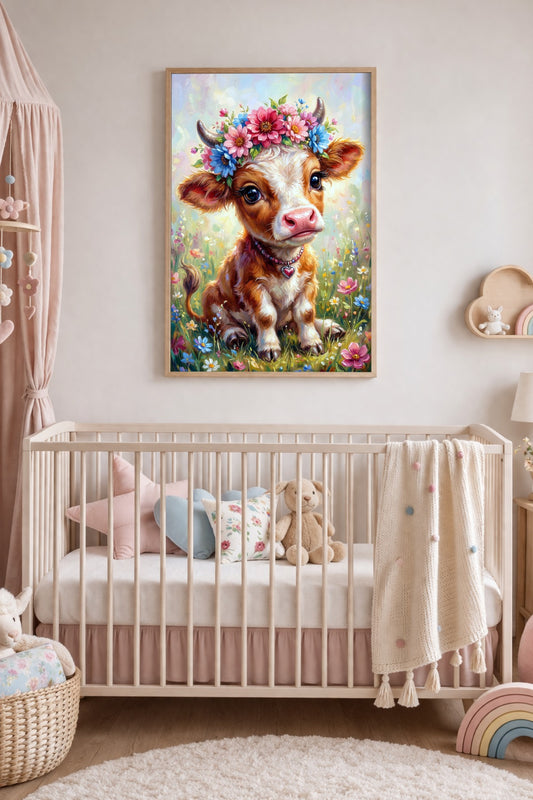 Gedrucktes Kalb Poster im Hochformat mit jungem Kalb, buntem Blumenkranz, kleiner Herzkette und heller Blumenwiese in sanften Pastelltönen.