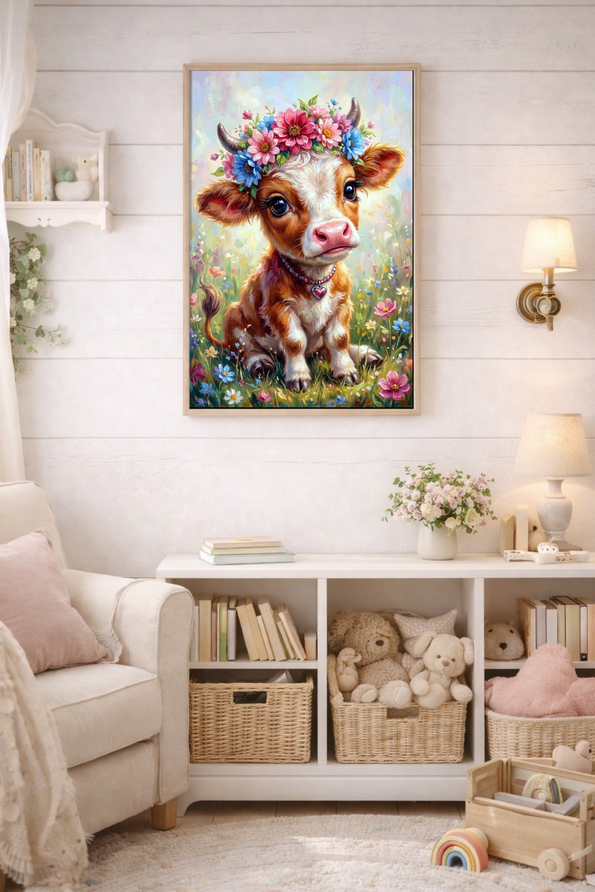 Charmantes Kinderzimmer-Wandbild mit jungem Kalb, Blumenkranz aus blauen und rosa Blüten, Herzdetail und dekorativer Blumenwiese.