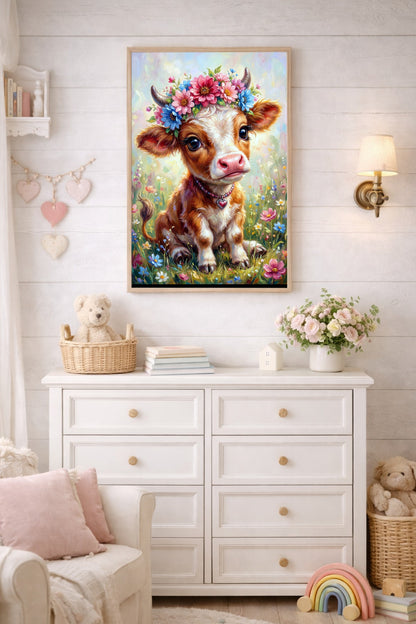 Digitales Kinderzimmer-Poster mit kleinem Kalb, Blumenkranz aus rosa und blauen Blüten, Herzanhänger und bunter Blumenwiese.