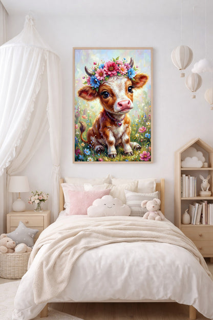 Verspieltes Kinderzimmer-Poster mit Kalb, zartem Blütenkranz, rosa Herzanhänger und bunter Wiesenlandschaft im freundlichen Stil.