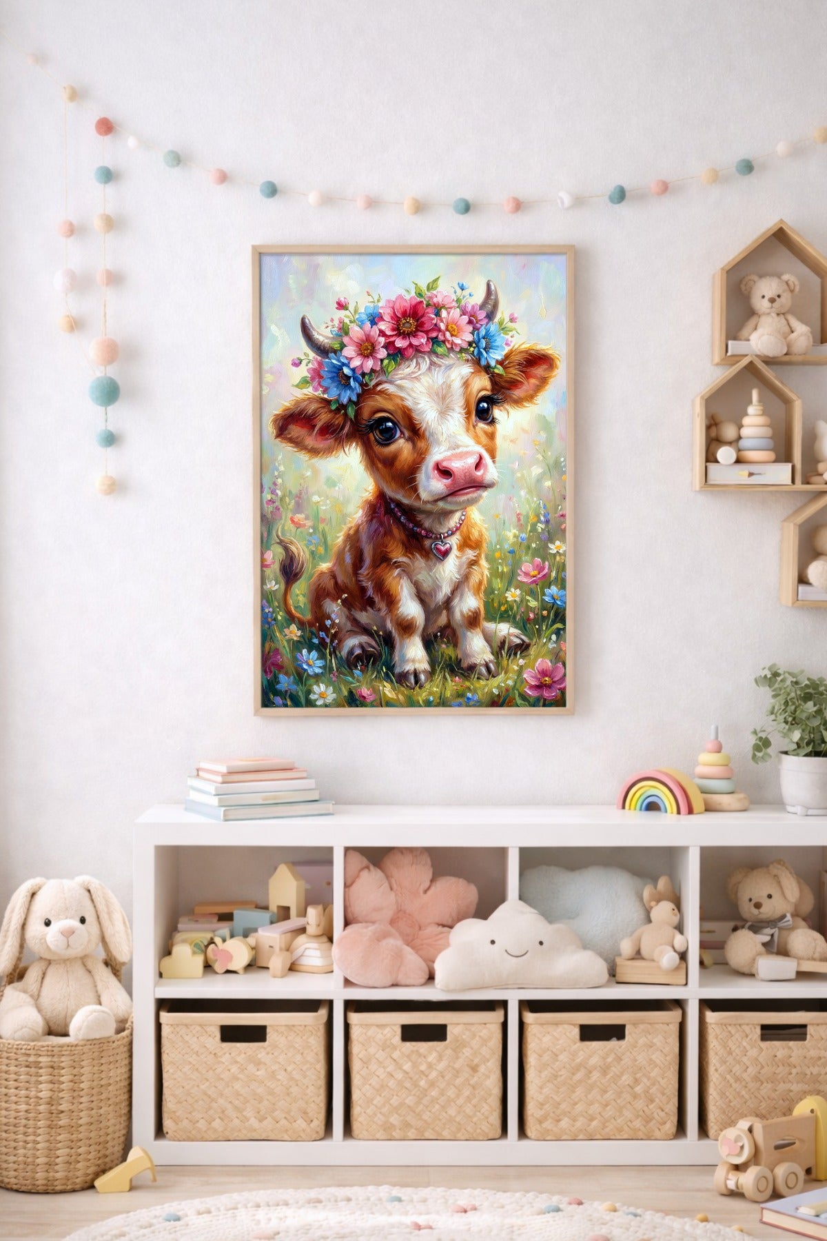Niedliches digitales Wandbild mit kleinem Kalb, Blumenkranz in Rosa und Blau, Herzanhänger und farbenfroher Blumenwiese für das Kinderzimmer.