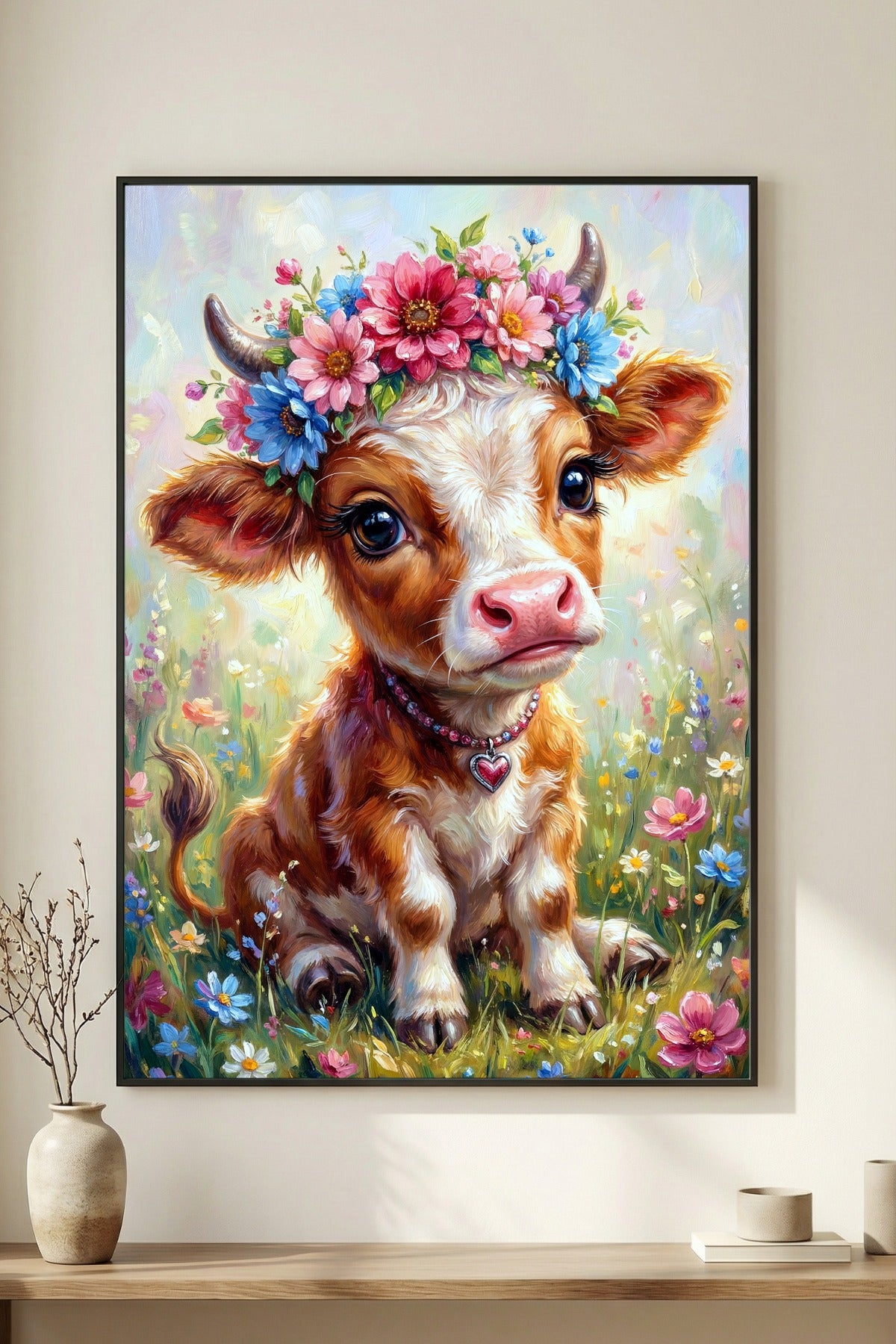 Gedrucktes Kinderzimmer Poster mit jungem Kalb, Blumenkranz, Herzkette und pastelliger Blumenwiese im Hochformat.