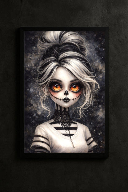 Digitales Gothic-Kunstwerk: Ein puppenhaftes Porträt mit La Catrina Totenkopf-Make-up und hypnotischen, leuchtend orangefarbenen Augen vor dunklem Hintergrund.