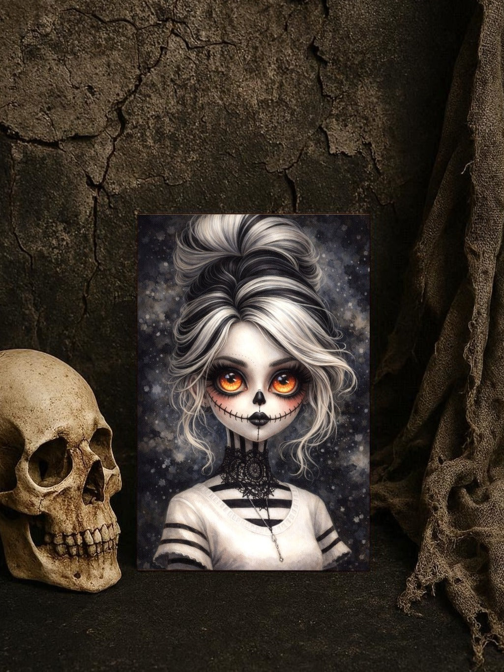 Premium Gothic-Poster: Porträt eines Mädchens mit La Catrina Make-up, hypnotischen orangefarbenen Augen und schwarzer Spitze auf einem hochwertigen matten Kunstdruck.