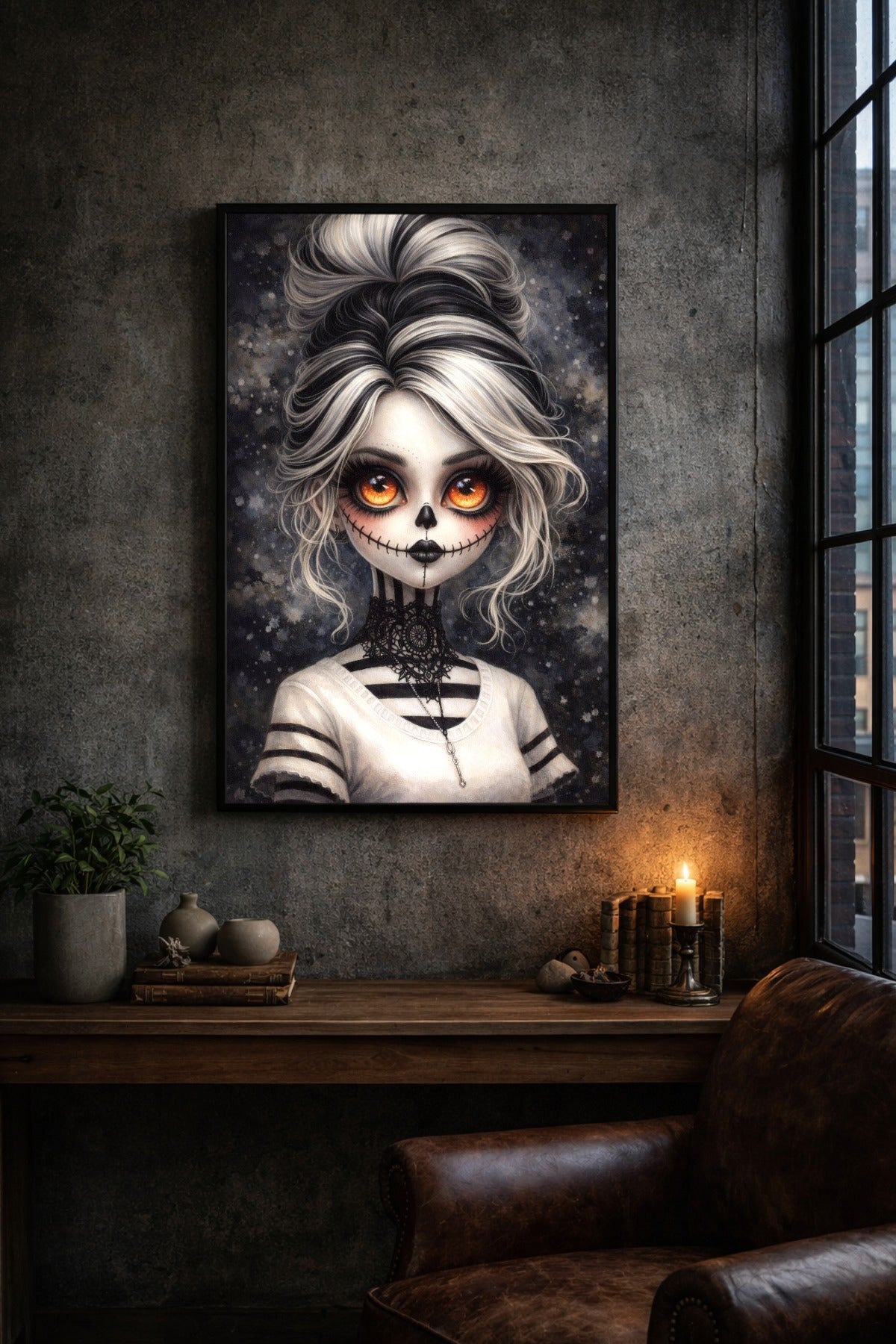 Digitales Gothic-Kunstwerk: Ein puppenhaftes Porträt mit La Catrina Totenkopf-Make-up und hypnotischen, leuchtend orangefarbenen Augen vor dunklem Hintergrund.
