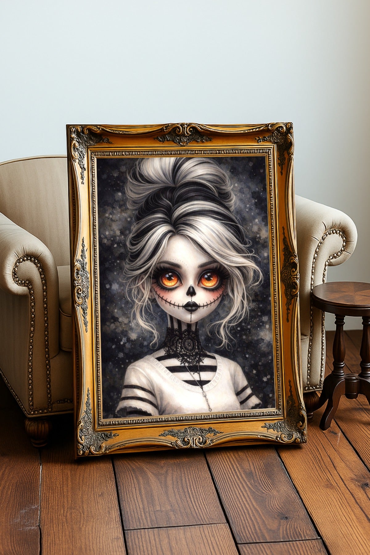Digitales Gothic-Kunstwerk: Ein puppenhaftes Porträt mit La Catrina Totenkopf-Make-up und hypnotischen, leuchtend orangefarbenen Augen vor dunklem Hintergrund.