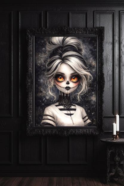 Digitales Gothic-Kunstwerk: Ein puppenhaftes Porträt mit La Catrina Totenkopf-Make-up und hypnotischen, leuchtend orangefarbenen Augen vor dunklem Hintergrund.