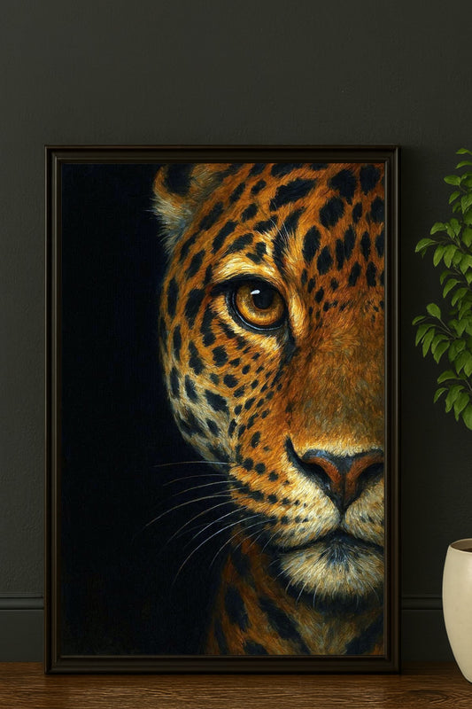 Dunkles Leopard-Porträt im modernen Stil, gold-schwarze Fellzeichnung auf tiefschwarzem Hintergrund, ausdrucksstarke Tierkunst für modernes Interior.