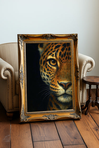 Dunkles Leopard-Porträt im modernen Stil, gold-schwarze Fellzeichnung auf tiefschwarzem Hintergrund, ausdrucksstarke Tierkunst für modernes Interior.