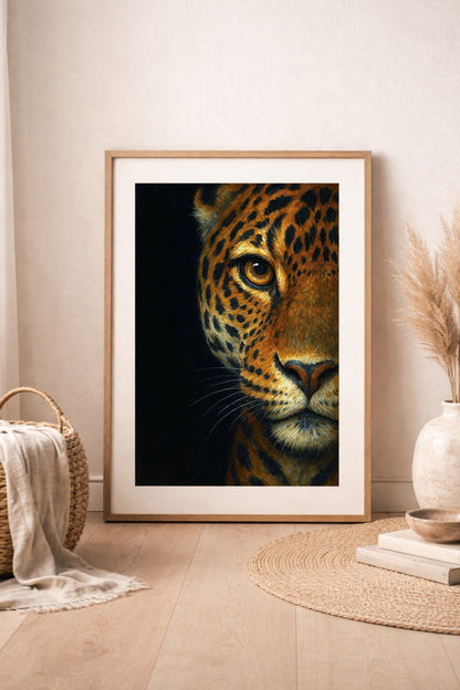 Edles Leopard-Poster mit fokussiertem Blick, gold-schwarzes Fell auf dunklem Hintergrund, moderner Kunstdruck für stilvolles Interior.