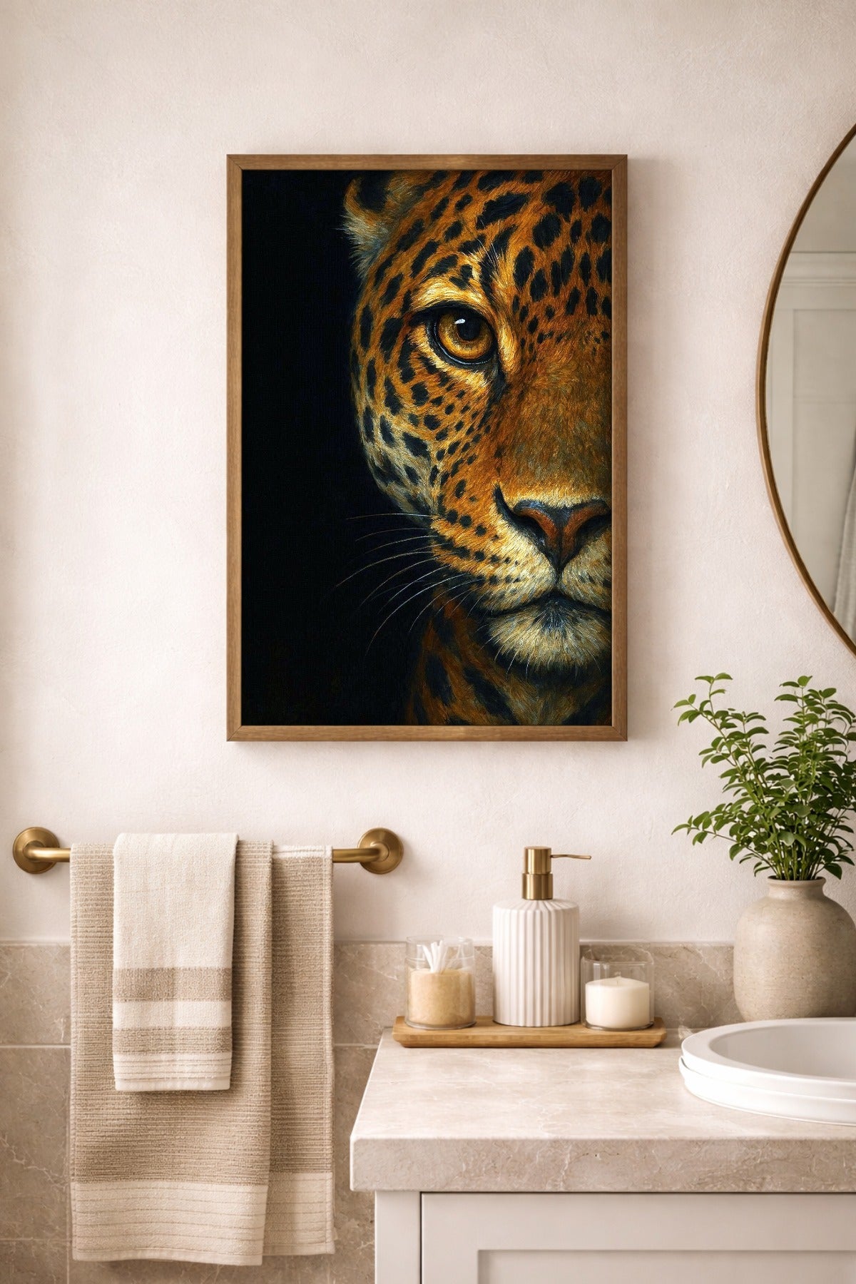 Edles Leopard-Poster mit fokussiertem Blick, gold-schwarzes Fell auf dunklem Hintergrund, moderner Kunstdruck für stilvolles Interior.