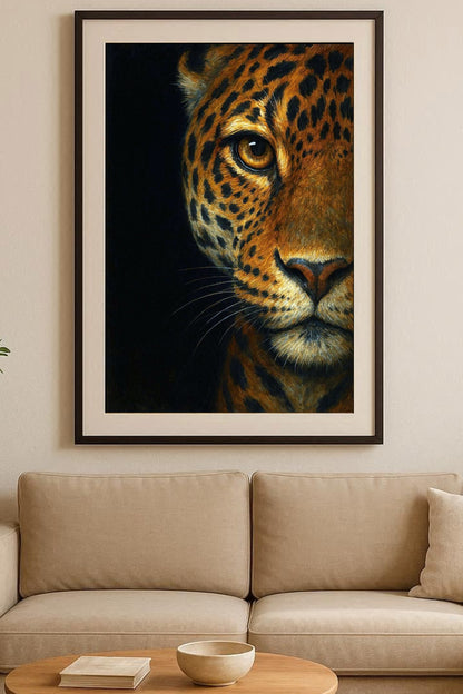Dunkles Leopard-Porträt im modernen Stil, gold-schwarze Fellzeichnung auf tiefschwarzem Hintergrund, ausdrucksstarke Tierkunst für modernes Interior.