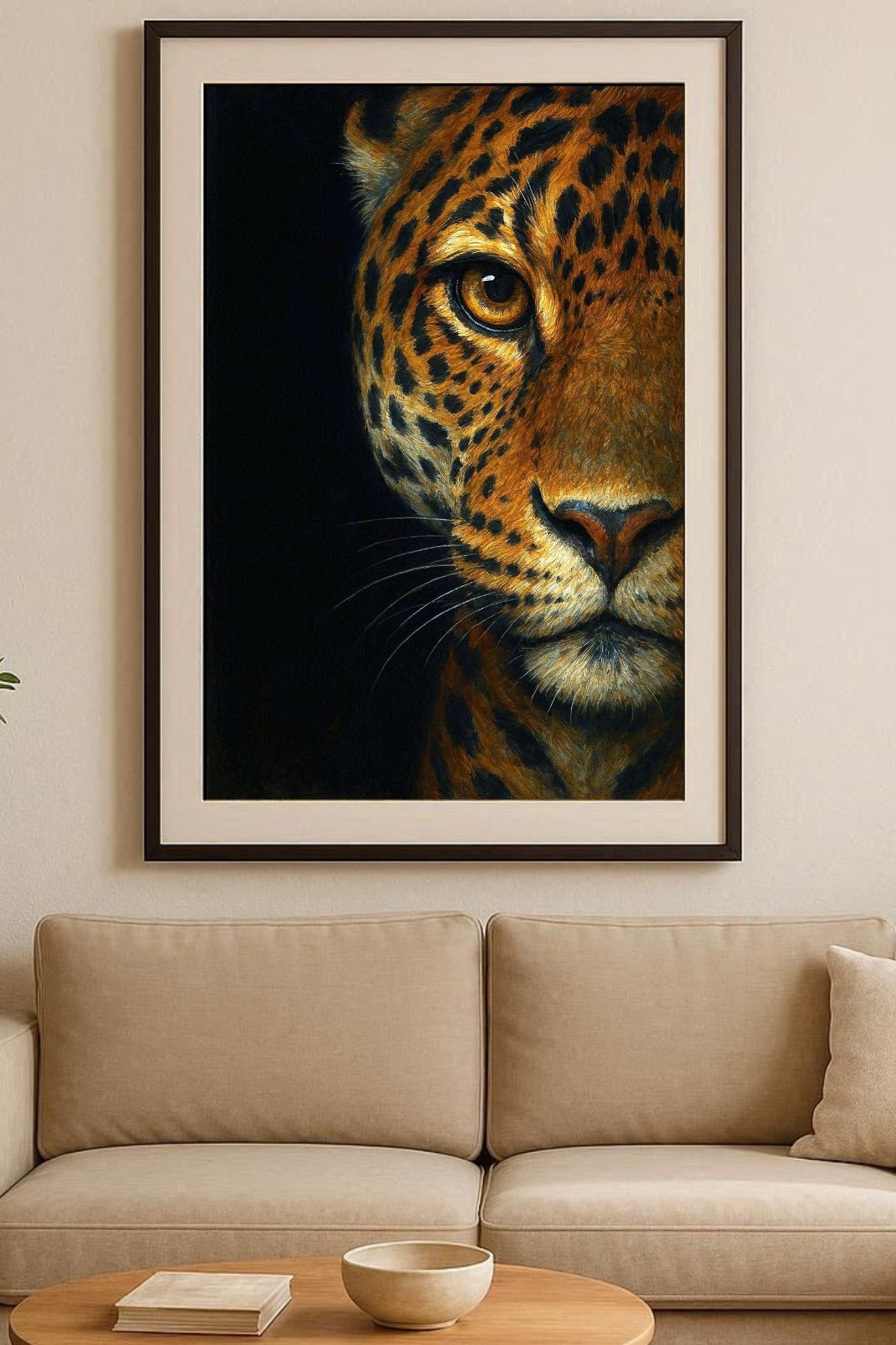 Edles Leopard-Poster mit fokussiertem Blick, gold-schwarzes Fell auf dunklem Hintergrund, moderner Kunstdruck für stilvolles Interior.