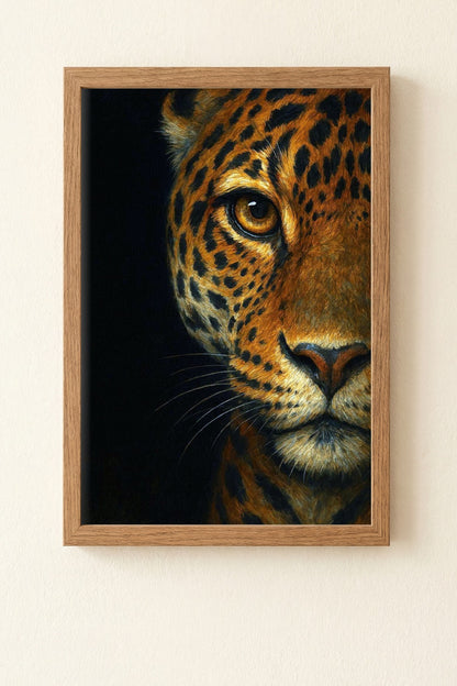 Dunkles Leopard-Porträt im modernen Stil, gold-schwarze Fellzeichnung auf tiefschwarzem Hintergrund, ausdrucksstarke Tierkunst für modernes Interior.