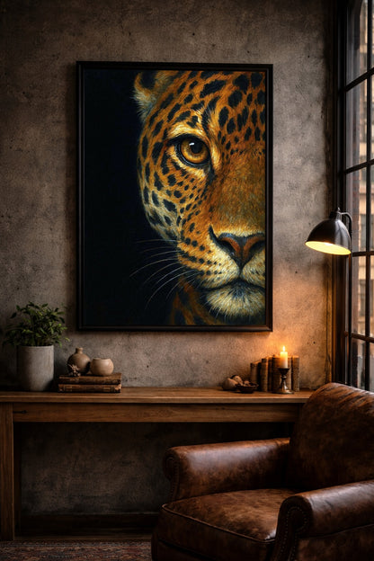 Edles Leopard-Poster mit fokussiertem Blick, gold-schwarzes Fell auf dunklem Hintergrund, moderner Kunstdruck für stilvolles Interior.