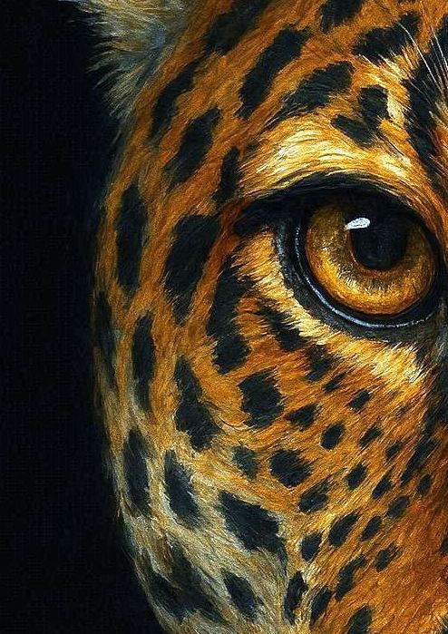Dunkles Leopard-Porträt im modernen Stil, gold-schwarze Fellzeichnung auf tiefschwarzem Hintergrund, ausdrucksstarke Tierkunst für modernes Interior.