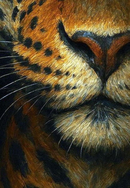 Edles Leopard-Poster mit fokussiertem Blick, gold-schwarzes Fell auf dunklem Hintergrund, moderner Kunstdruck für stilvolles Interior.